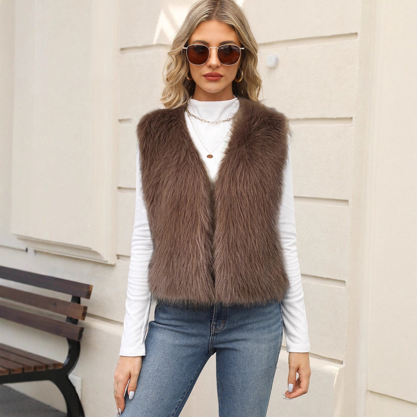 Women Plush Sleeveless Warm Vest Environmental Protection Faux Fur Vest Vest