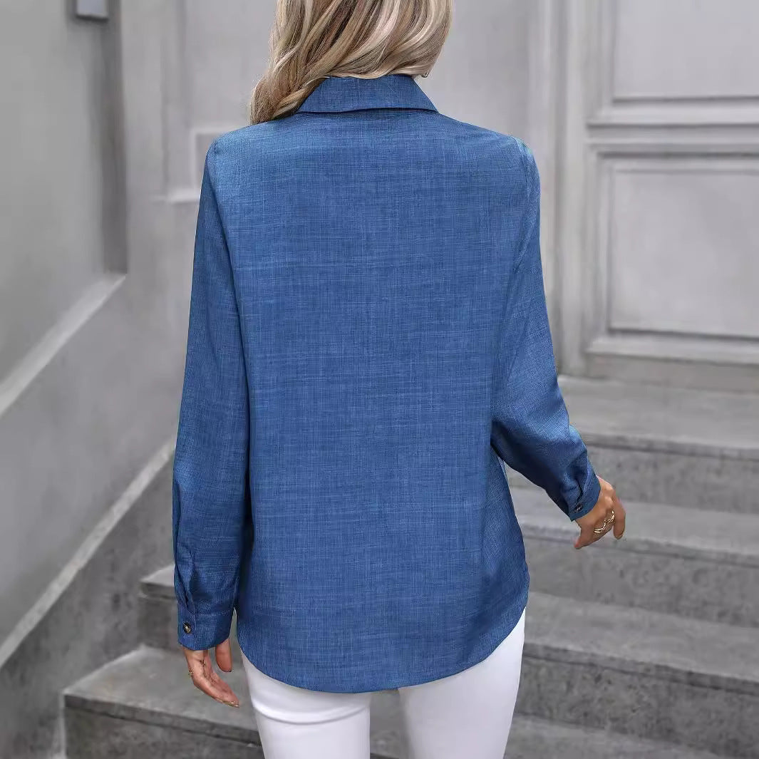 Spring Summer Casual Single Breasted Solid Color Color Matching Long Sleeve Collared Shirt Women Top