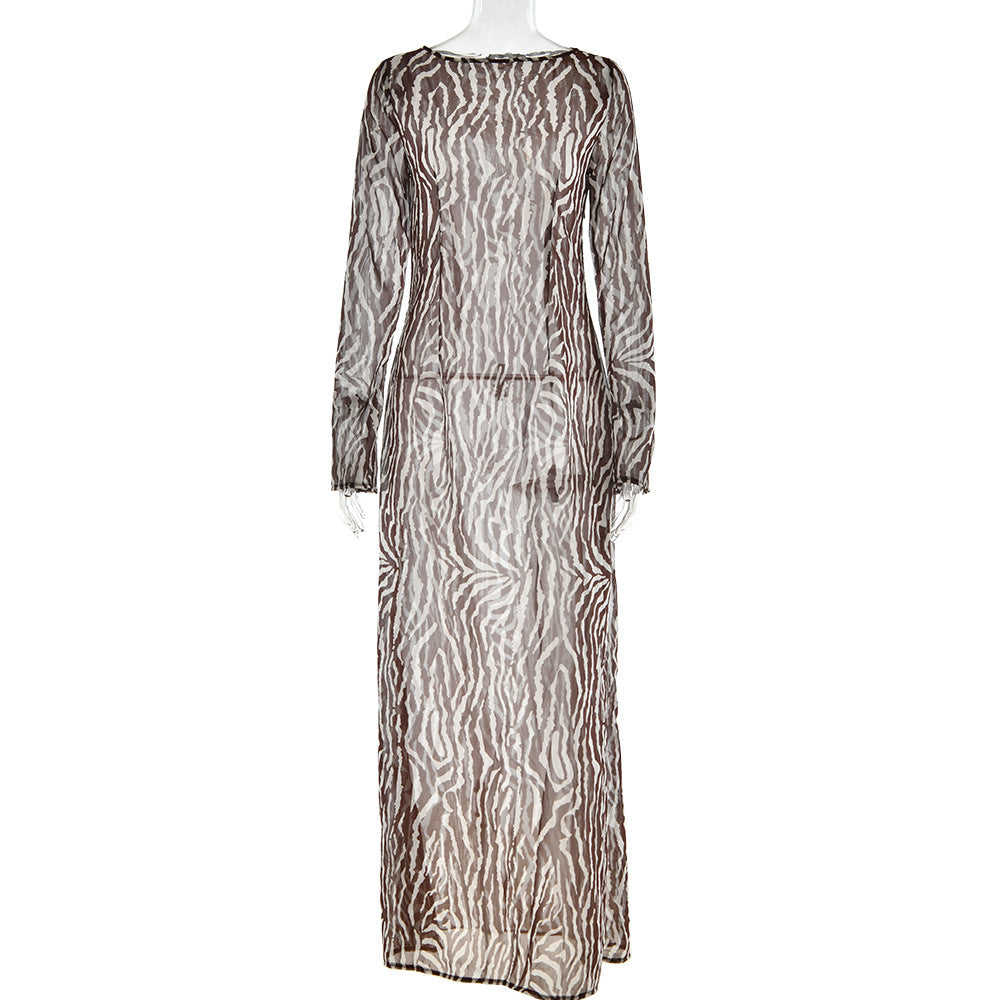 Bohemian See through Dress Casual round Neck Long Sleeve Printed Dress for Women Autumn Winter