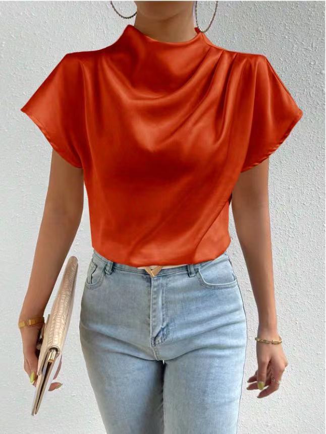 Round Neck Short Sleeve Left Shoulder Pleated T shirt Satin Women Top
