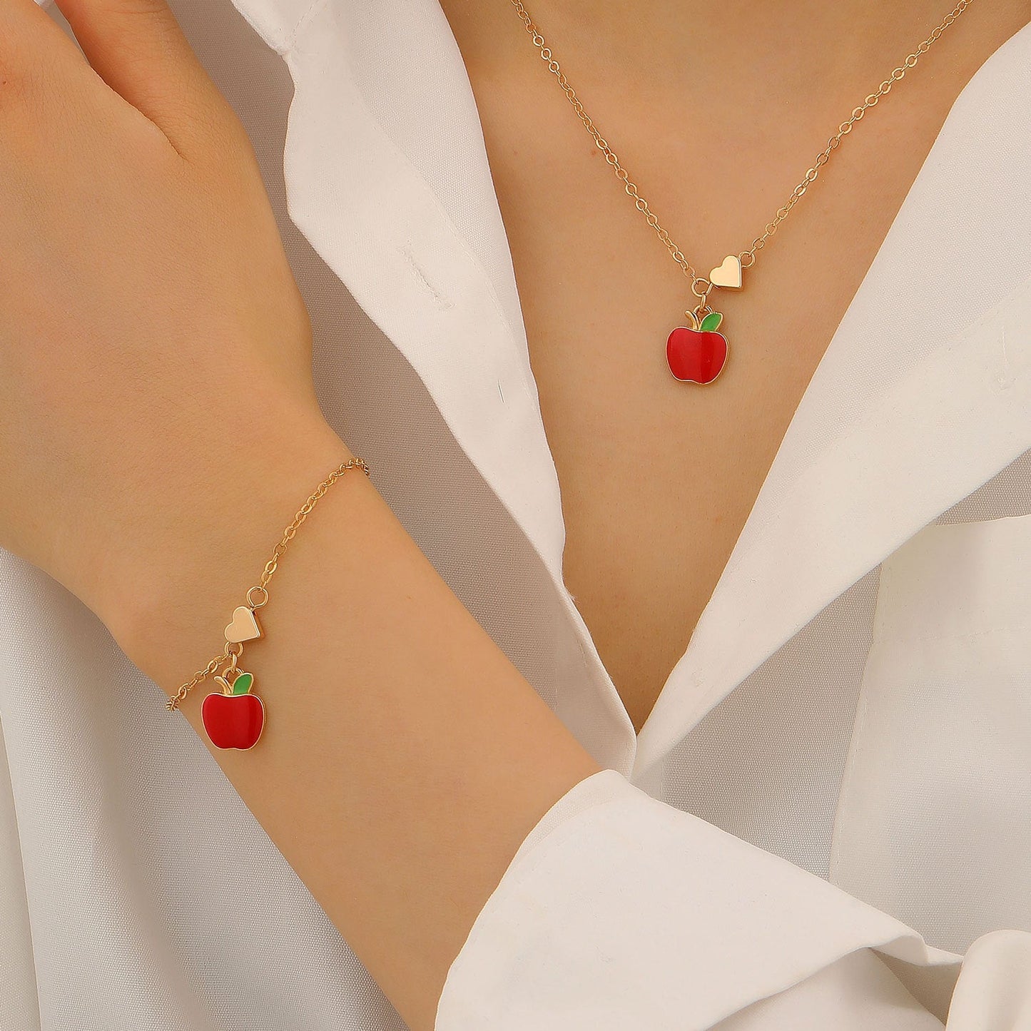 Alloy Cherry Strawberry Apple Pineapple Fruit Bracelet Necklace Jewelry Set
