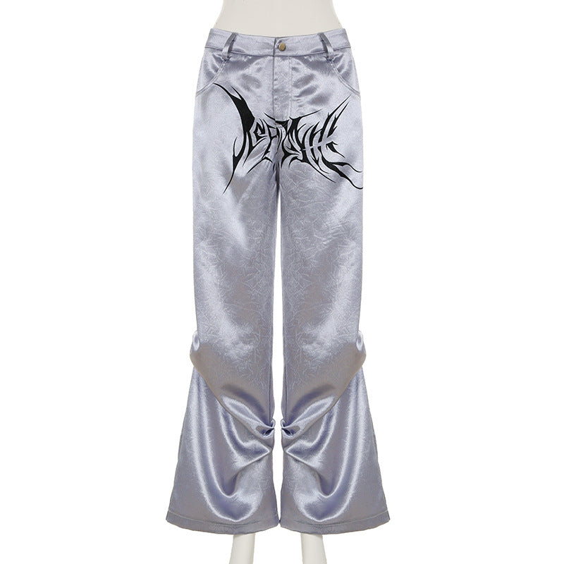Personality Street Trendy Cool Loose Wide Leg Pants Satin Pleated Design Print High Waist Casual Trousers