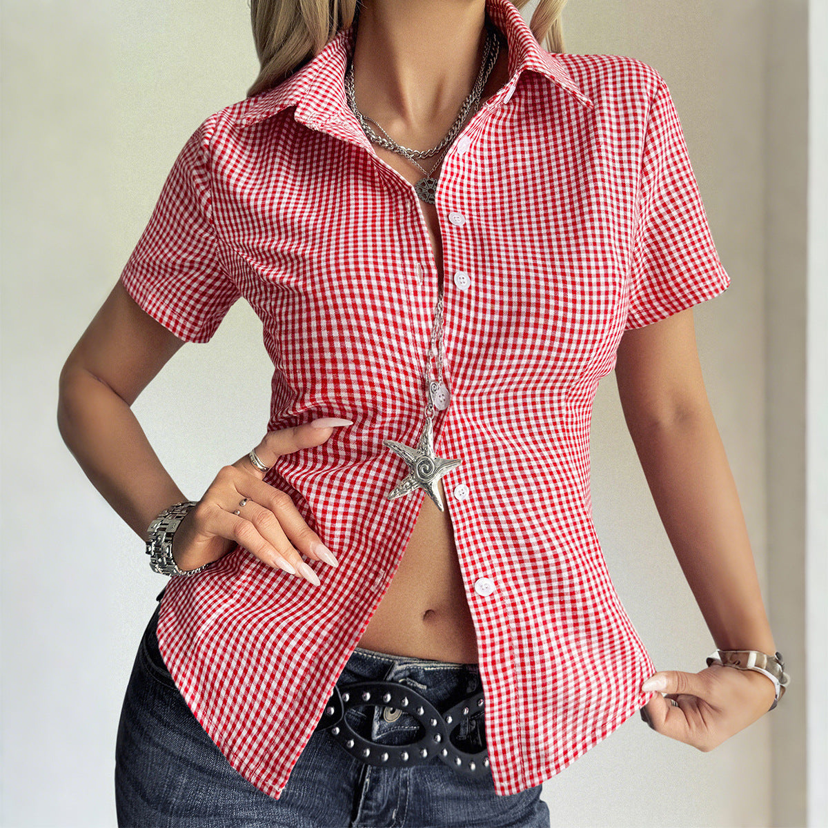 Casual Holiday Plaid Button Short Sleeved Blouse Women Clothing Autumn