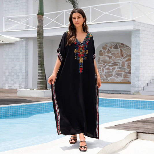 Rayon Embroidery Vacation Loose Maxi Dress Embroidery Even Bathrobe Beach Cover up Bikini Cover up