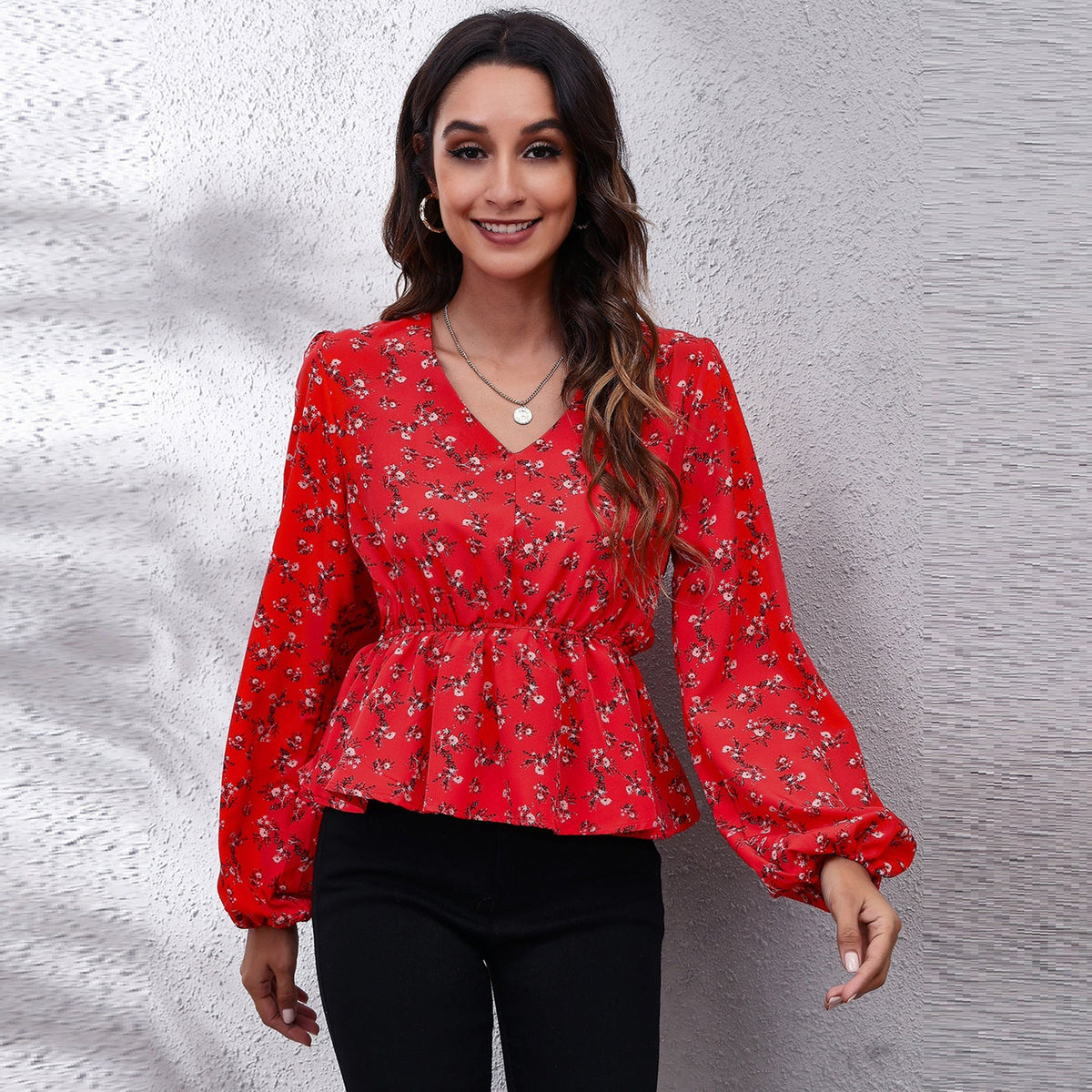 V Neck Cinched Plaid Floral Print Lantern Sleeve Chiffon Shirt Women Shirt Spring Autumn Women Clothing