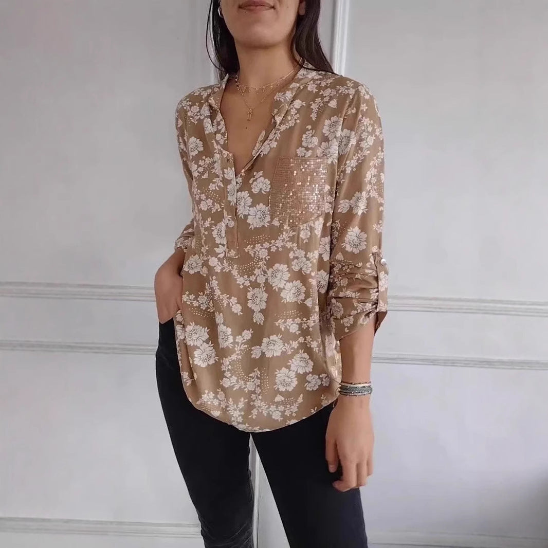 Spring Loose Casual Long Sleeves Printed Sequined Pocket Shirt