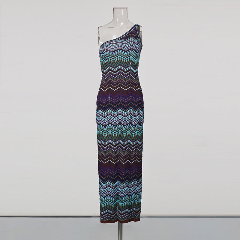 Seaside Vacation Dress Single Side Shoulder Sleeveless Striped Slim Slimming High Waist Dress