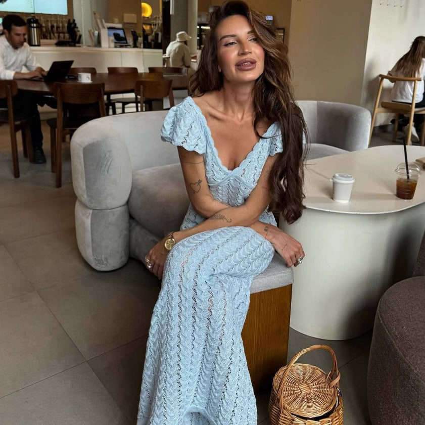 Ruffled Women Clothing Sexy V neck Knitted Sexy Dress Slim Backless Dress