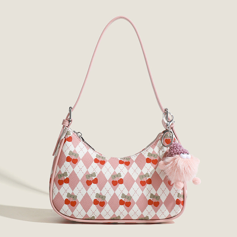 Small versatile underarm bag, cute cherry pattern shoulder bag, top handle bag, crescent bag  hobo