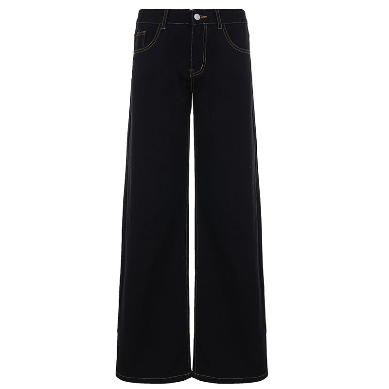 Retro Street Straight Low Waist Casual Jeans Women Arrival Basic Dark Blue Pants