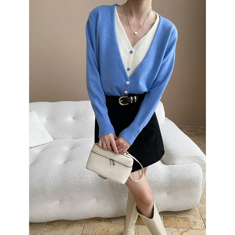 Layered Aesthetics Niche Design Contrast Colors False Two Piece V neck Figure Flattering Knit Cardigan