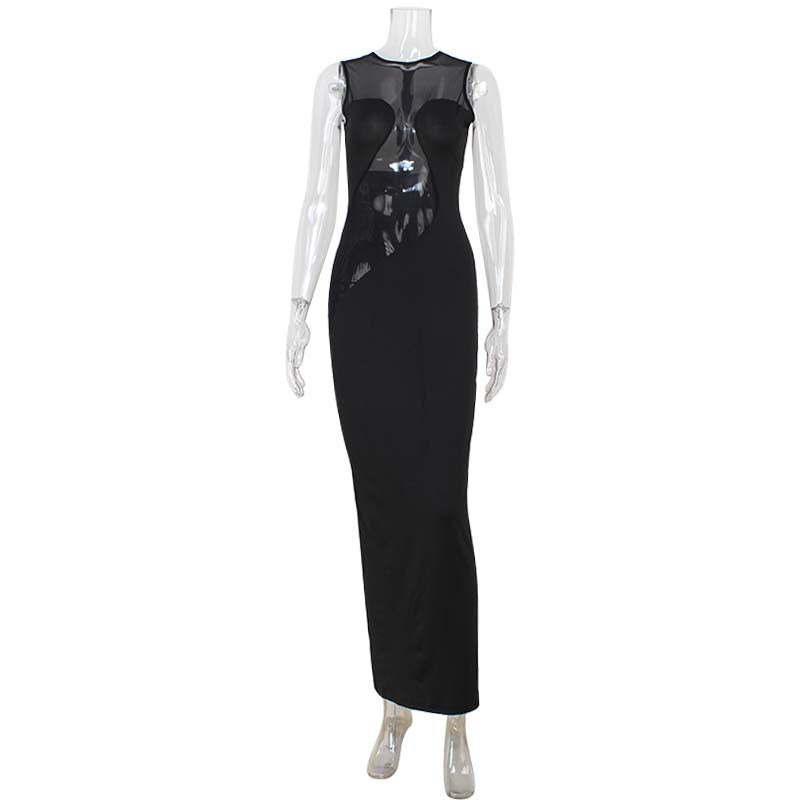 Sexy Women Clothing Mesh Stitching See through Elegance Sleeveless Slim Fit High Grade Red Carpet Sheath Dress Women
