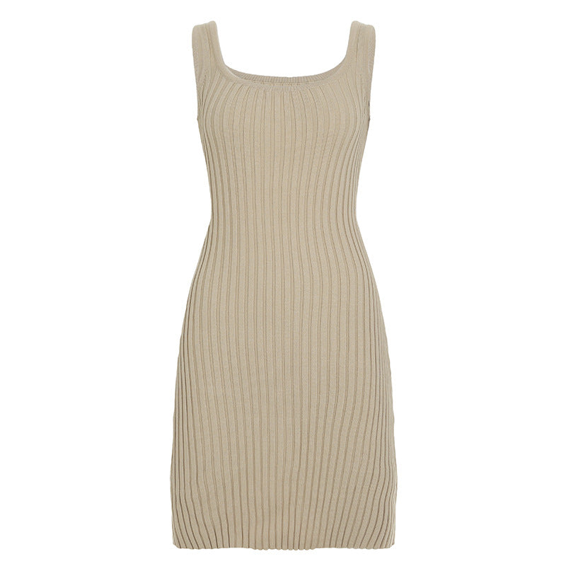 Summer Women Solid Color Wide Stripe Woolen Vest Dress Elegant Slim Fit Sheath Short Dress