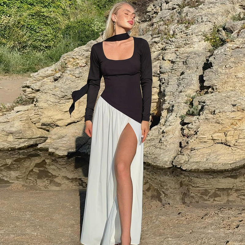 Women Clothing Autumn Sexy Contrast Color U Collar Solid Color Split Long Sleeve Dress