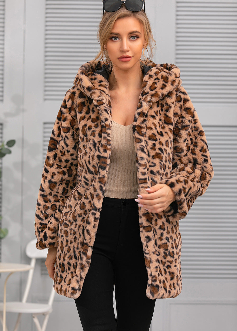 Autumn Winter Women Leopard Print Hooded Short Faux Fur Long Sleeve Jacket