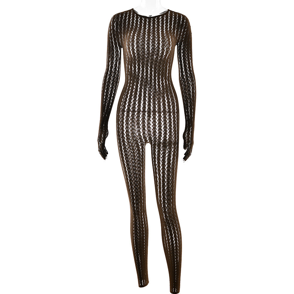 Sexy perspective summer perspective onesie fashion seamless striped jacquard one-piece long-sleeved one-piece trousers