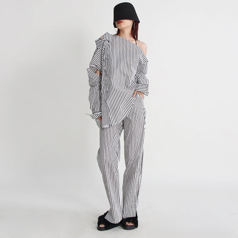 Urban Casual Simple Autumn Irregular Asymmetric Multi Way Shirt Mid Waist Straight Trousers Striped Set