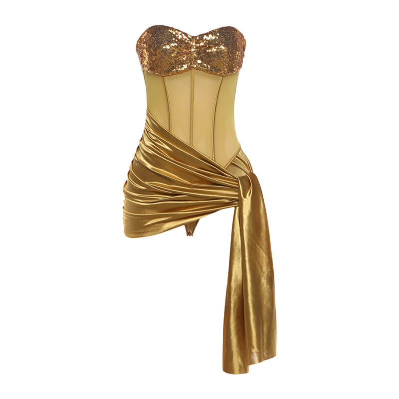 Spring Women Sexy Tube Top Irregular Asymmetric Stitching Hip Trendy Jumpsuit for Women