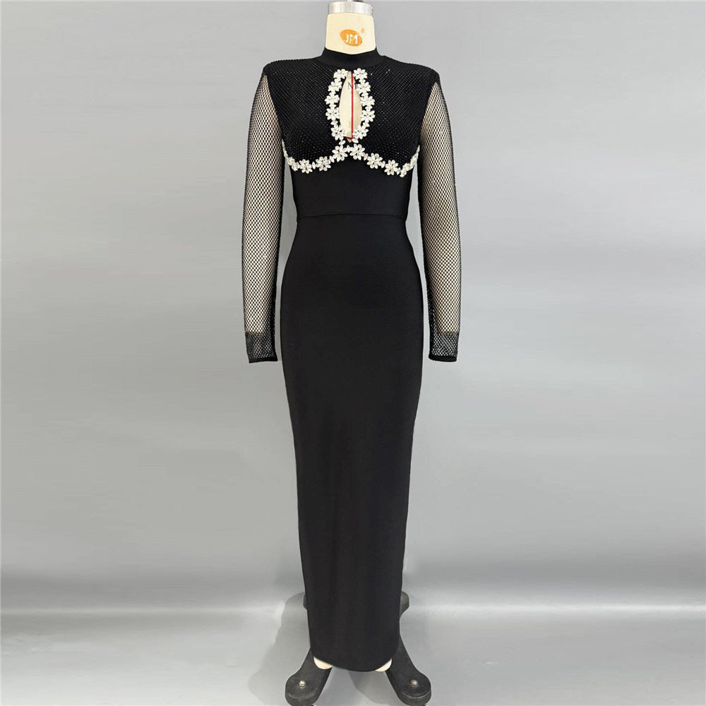 Long Sleeve Net Drill Stitching Hollow Out Cutout Bandage One Piece Dress Ladies Cocktail Party Evening Dress