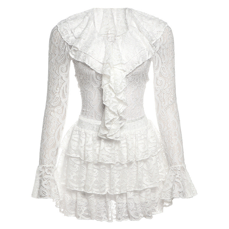 Women Clothing Autumn Slim Fit Sexy Flare Sleeve Ruffled Long Sleeve Lace Hollow Out Cutout out Skirt Two Piece Sets