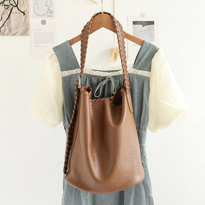 Elegant Woven Shoulder Strap Bucket Bag for Female - Versatile Texture Soft PU Retro Casual Tote