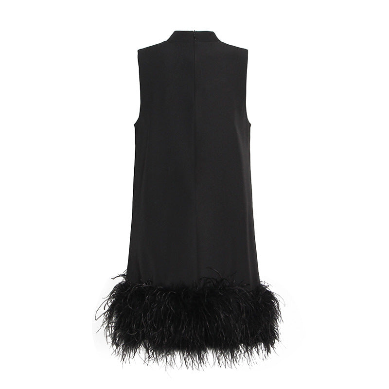Australian Brand Design Short Autumn Stand Collar Sleeveless Solid Color Stitching Hem Feather Dress