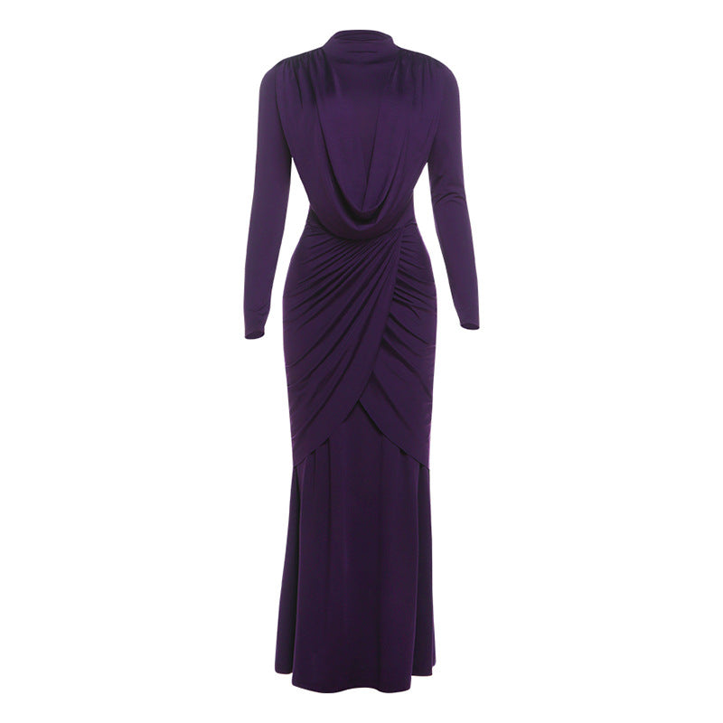 Autumn Winter Slim Half Turtleneck Solid Color Irregular Asymmetric Elegant Dress Women Clothing