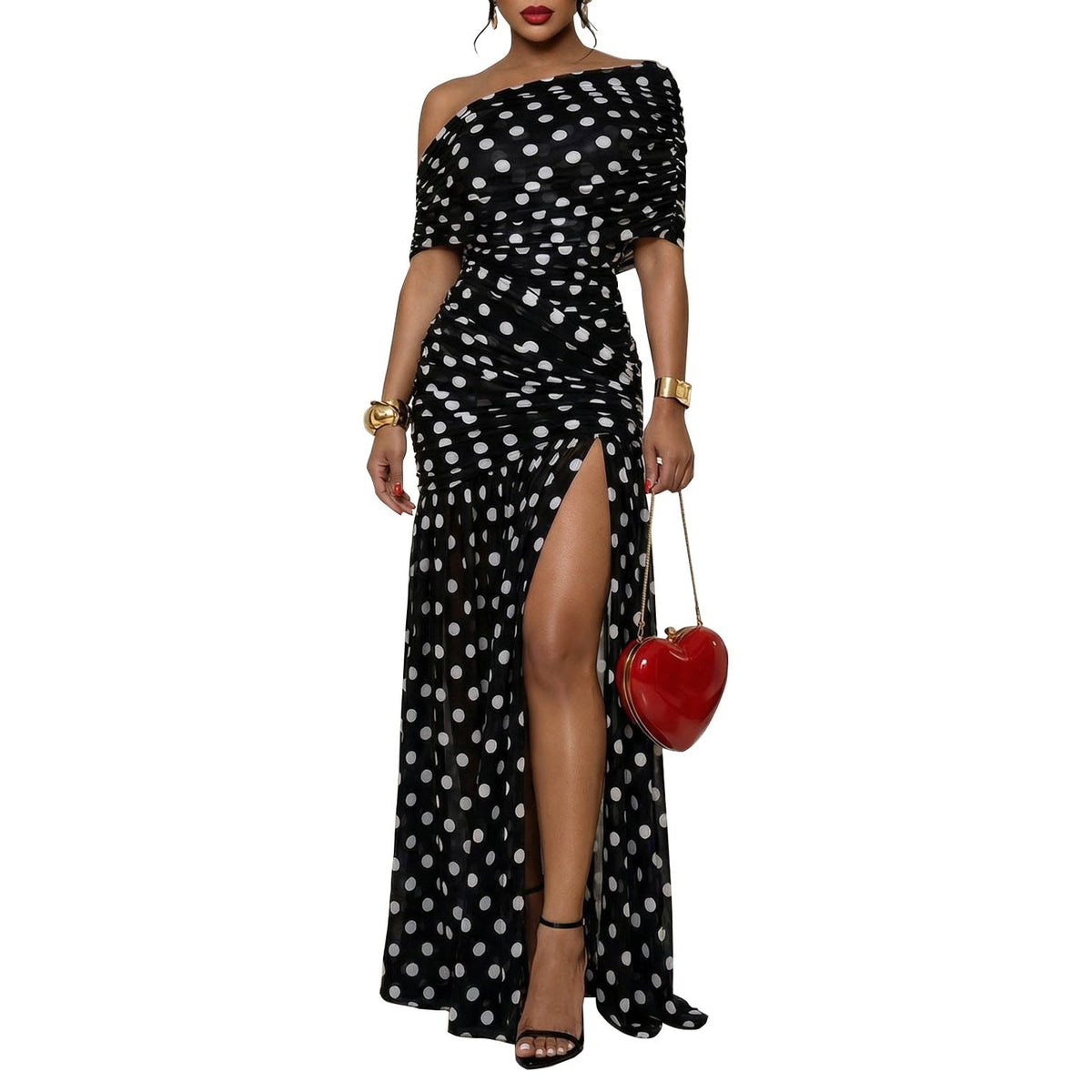 Women Dress Polka Dot Split Patchwork Cold Shoulder Cocktail Sheath Dress