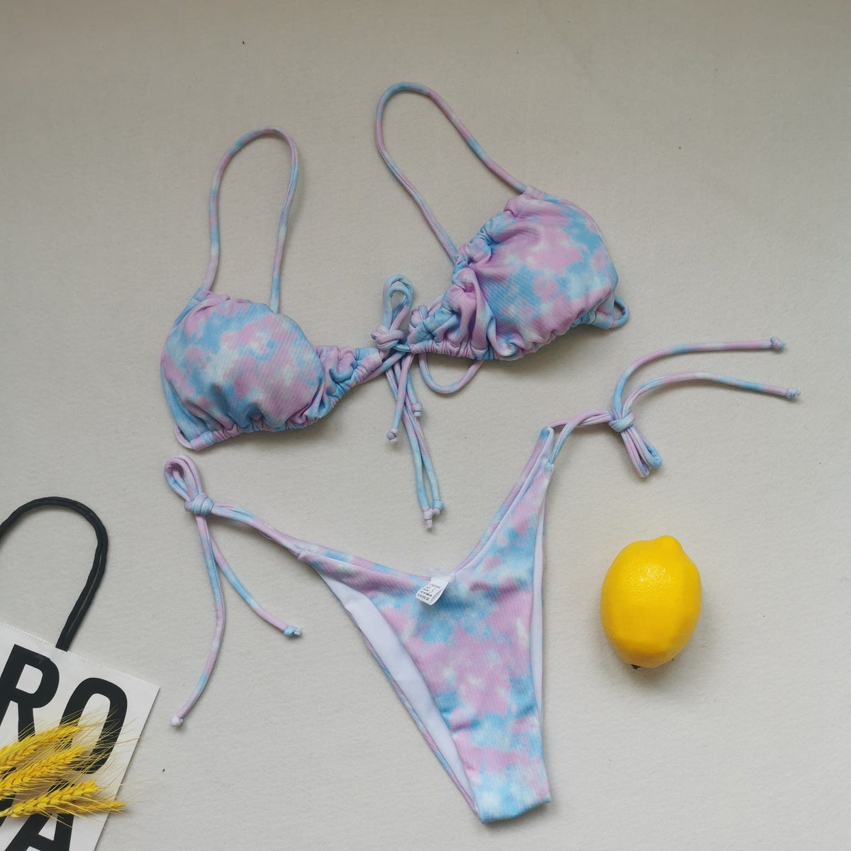 Sling Bandage Swimsuit Women Pleated Push up Drawstring Sexy Solid Color Bikini Swimsuit