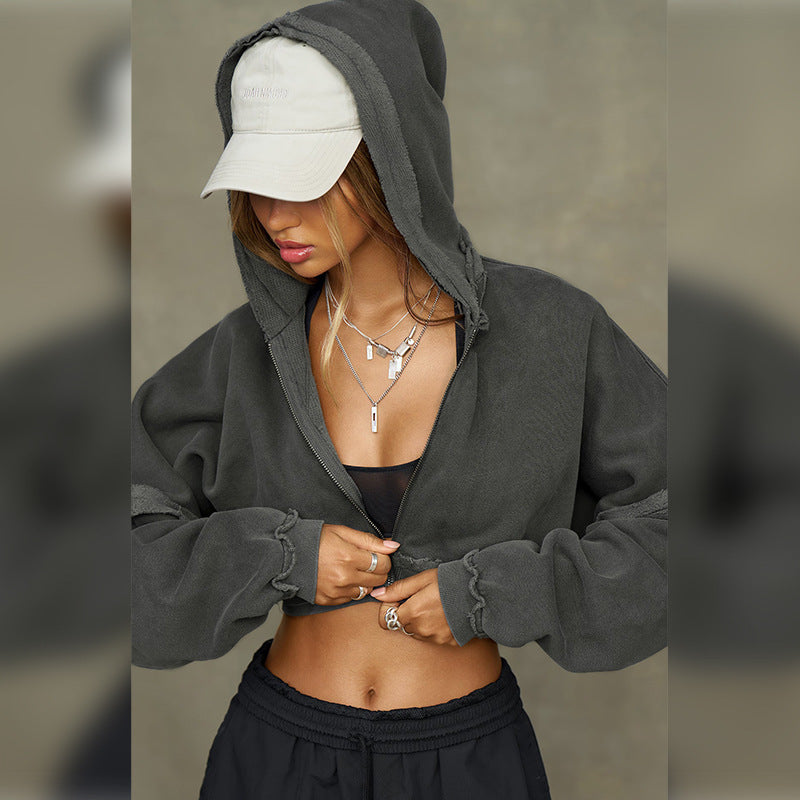 Short Sweater Women Distressed Frayed Cropped Hooded Coat Autumn Winter Solid Color Long Sleeved Top