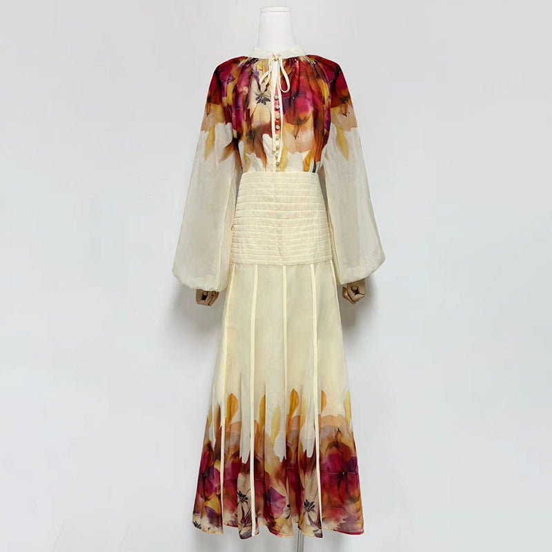 Women Lantern Sleeve Printed Shirt High Waist Floral Skirt Two Piece Set