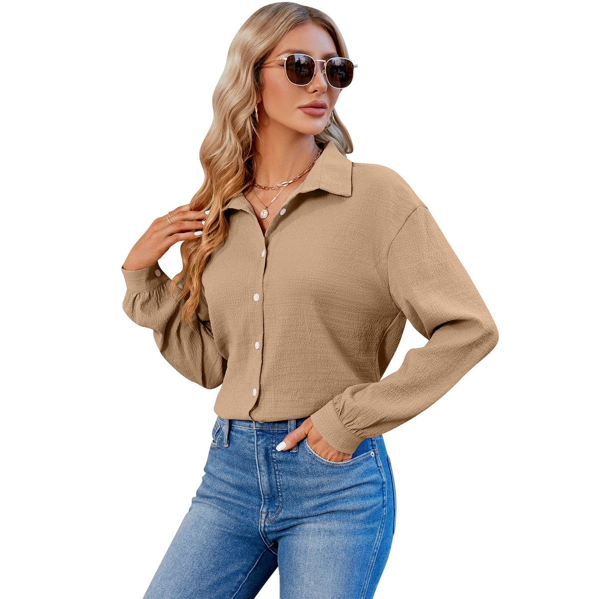 Women V Neck Button Down Shirt Solid Color Bubble Wrinkle Loose Long Sleeve Shirt Top