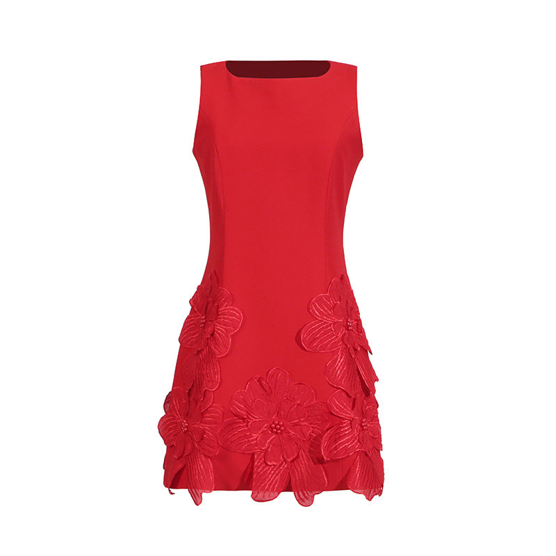 French Sweet Date Short Dress Summer round Neck Sleeveless Waist Design Three Dimensional Floral Dress