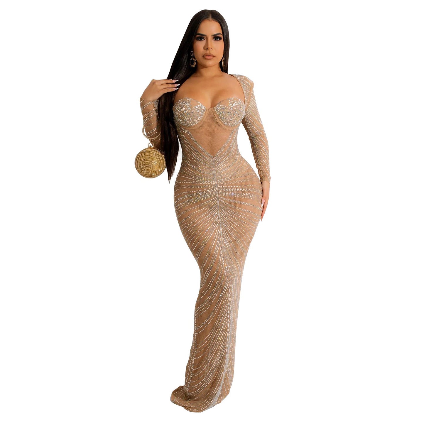 Autumn Winter Women Clothing Sexy Mesh Rhinestone Long Sleeve Maxi Dress Women