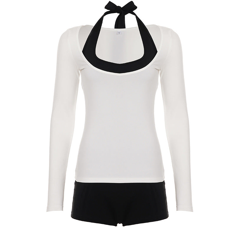 Sports Fitness Jumpsuit Blouse Long Sleeve Top Halter Romper Casual Two Piece Set Women