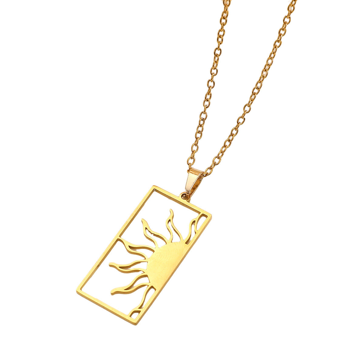 18K Gold Plated Sun Moon Hollow Geometric Square Pendant Stainless Steel Necklace
