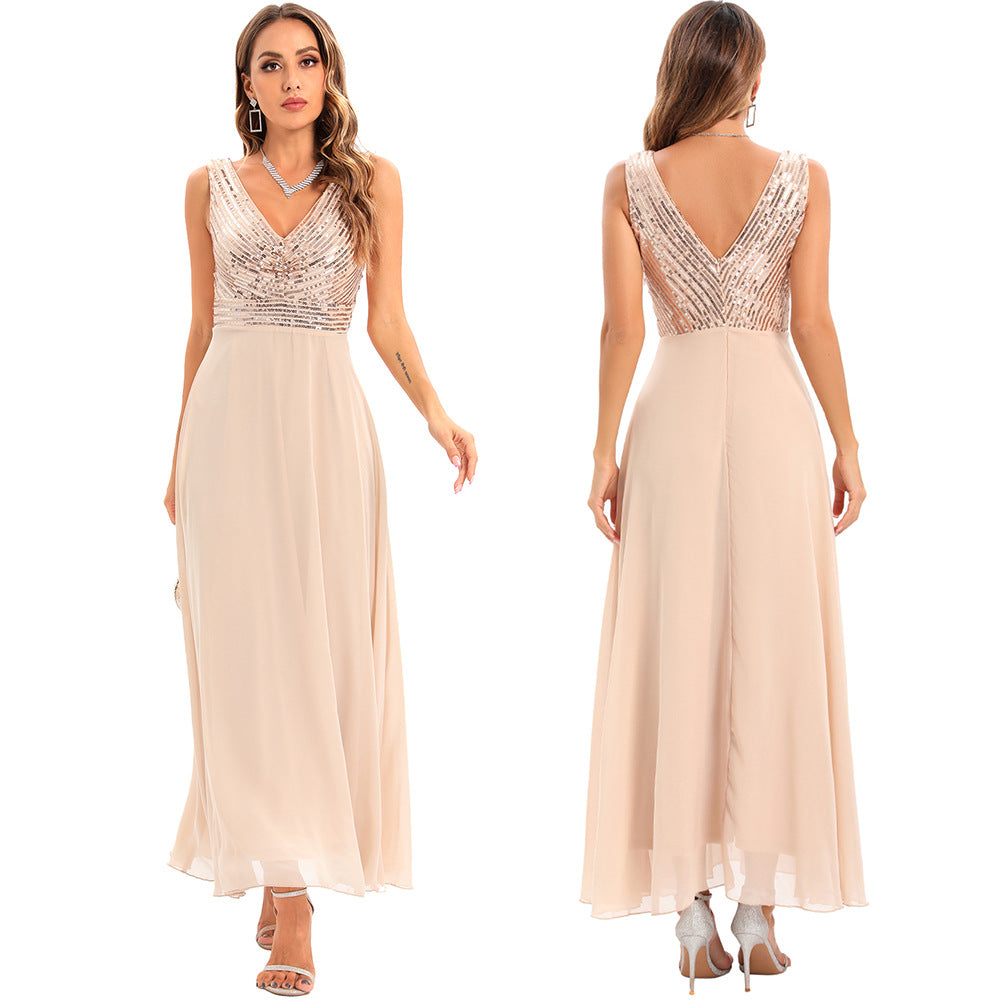 Sexy Backless Chiffon Stitching Dress Women Clothing Evening Dress