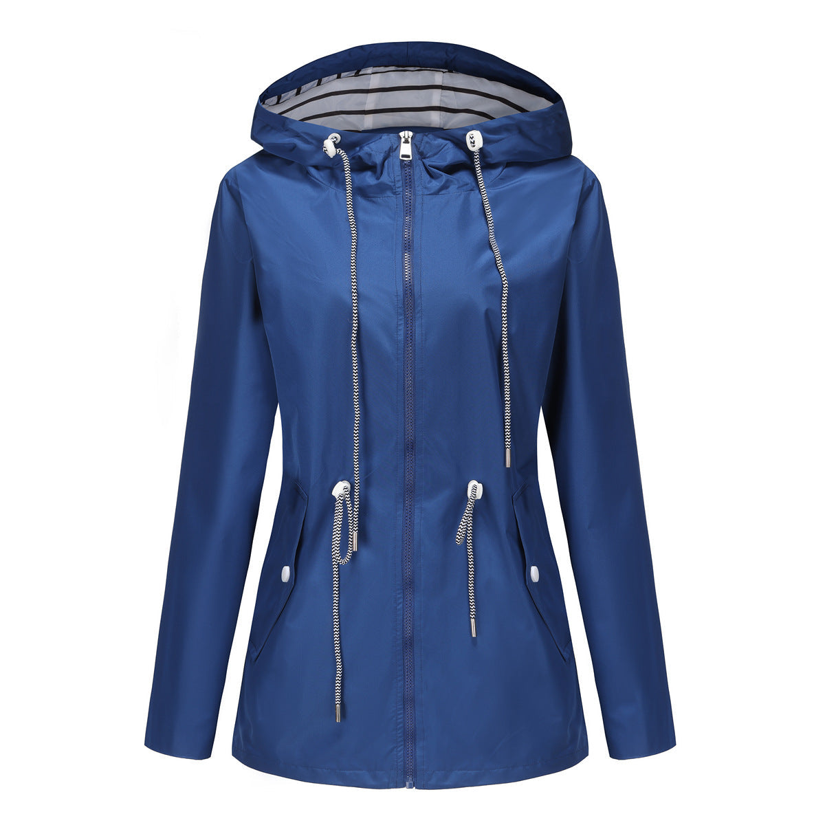 Long Sleeved Waterproof Mid Length Trench Coat Women Hooded Striped Raincoat Women Clothing