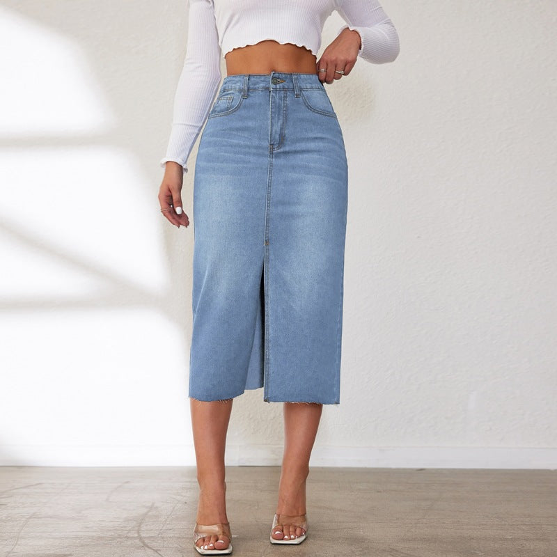 Retro Stretch Free Denim Skirt Women Mid Length Split Skirt
