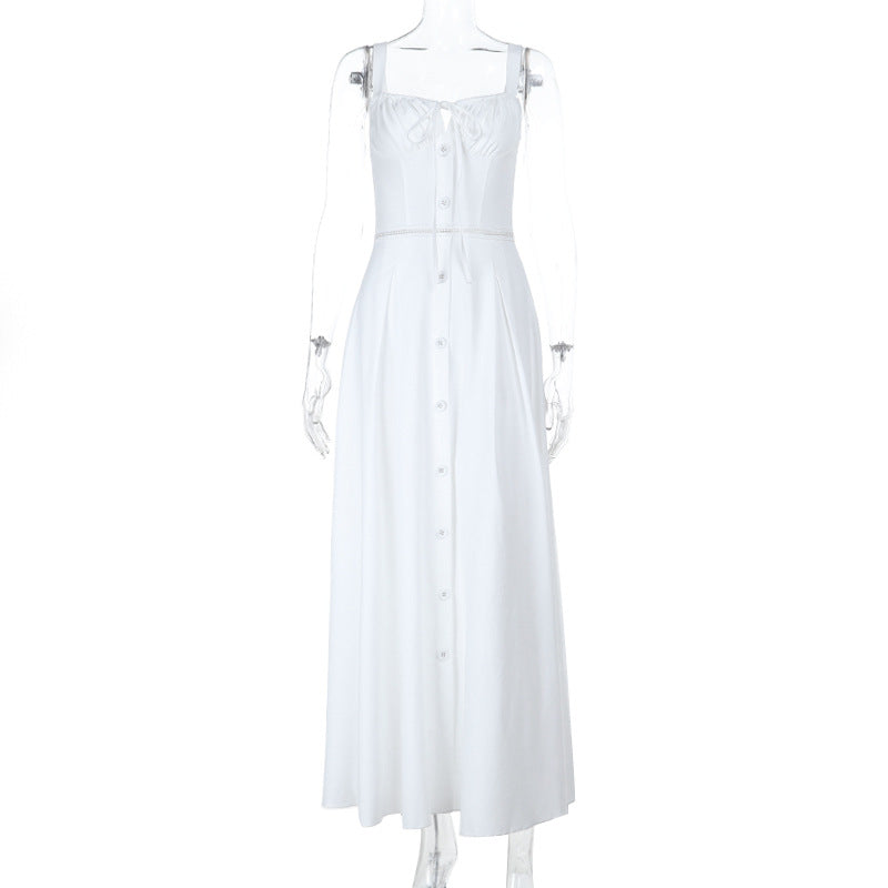French Slim Fit U Neck Stitching Drawstring Lace up Sexy Waist Tight Cutout Sling Dress
