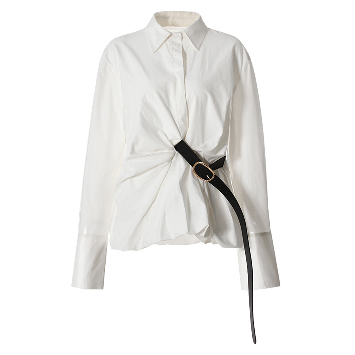 Spring Pleated Waist Tight Shirt White Casual Belt Fashionable Mid Length Top