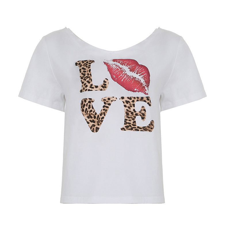 Personalized Street Women T shirt Oblique Shoulder Big Neckline Leopard Print Letter Graphic Jacket Summer Short Sleeve