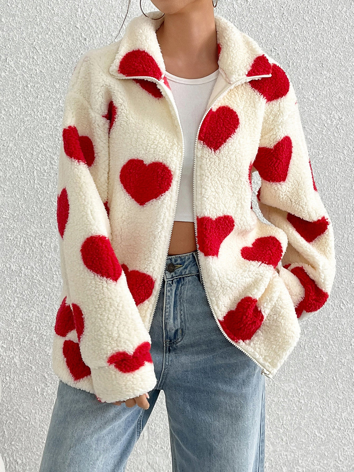 Flash Velvet Women Clothing Autumn Winter Plush Loving Heart Printed Loose Long Sleeves Zipper Cardigan Outerwear