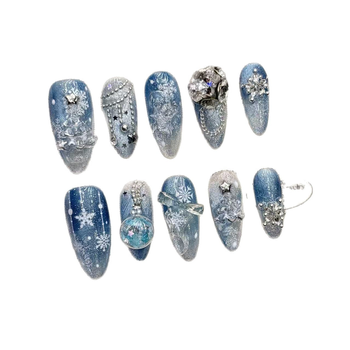 Blue snowflake autumn and winter Christmas handmade short almond pure handmade nail art
