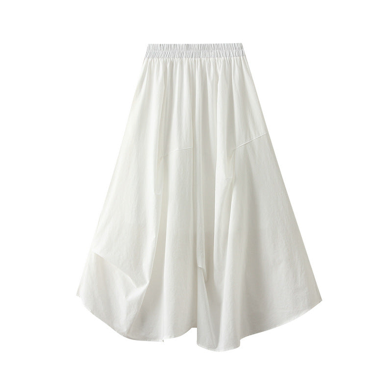 Irregular Asymmetric Pleated Mid Length Umbrella Skirt High Waist Elastic Waist Skirt Spring Summer Skirt
