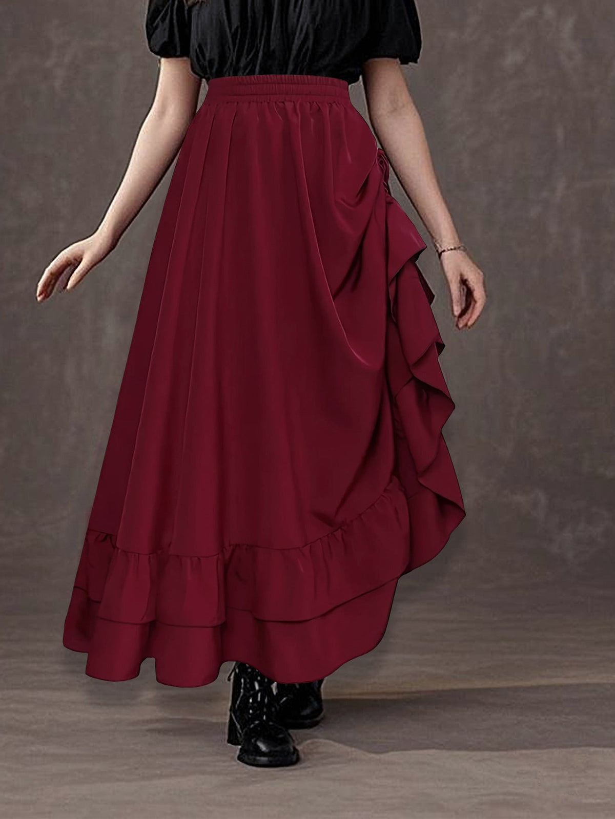 Women Clothing Elegant Side with Drawstring Pleated Long Skirt