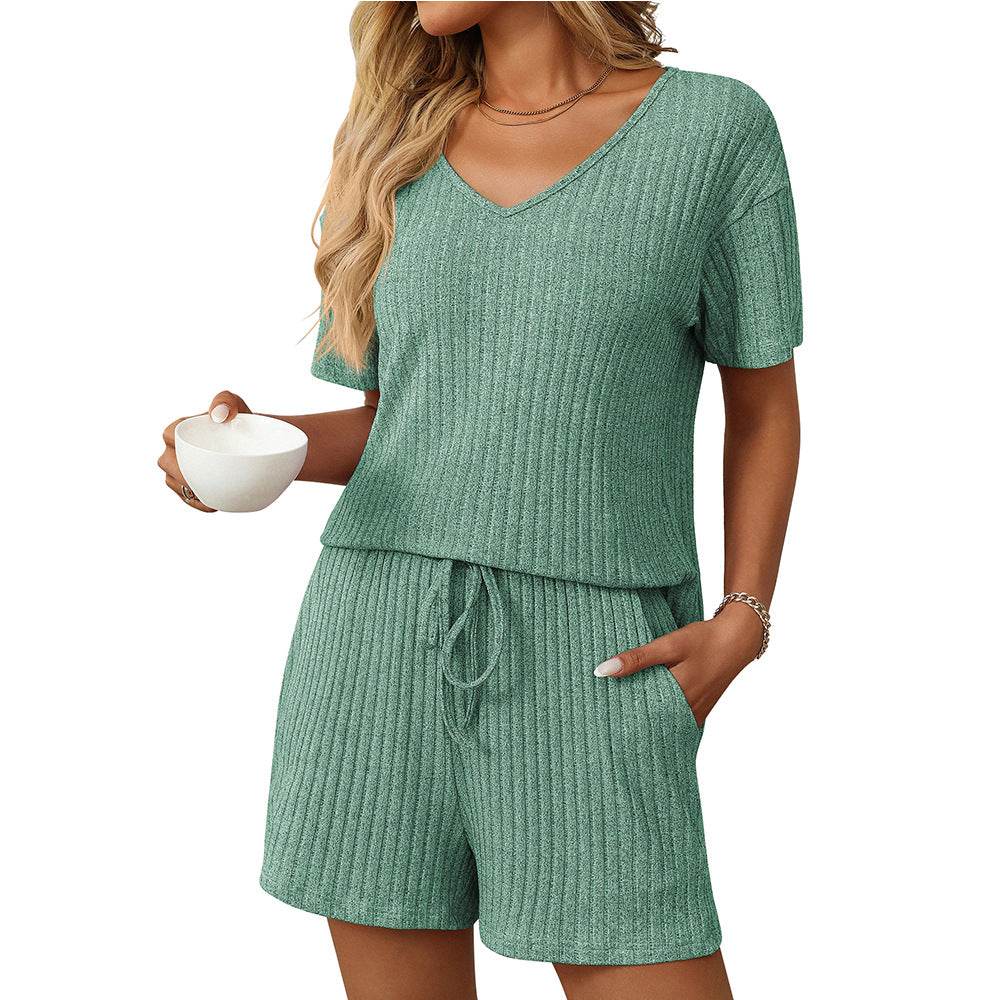 Women Clothing Summer Solid Color Rib Fabric Short Sleeved Two Piece Pant Sets