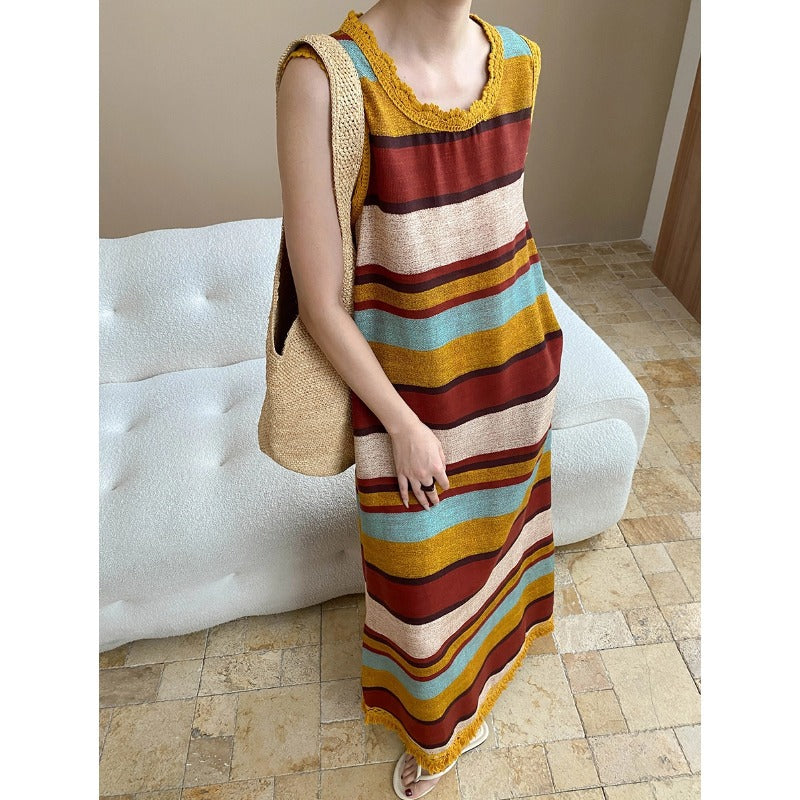 Lazy Vacation Tencel Linen Tassel round Neck Colorful Striped Vest Dress