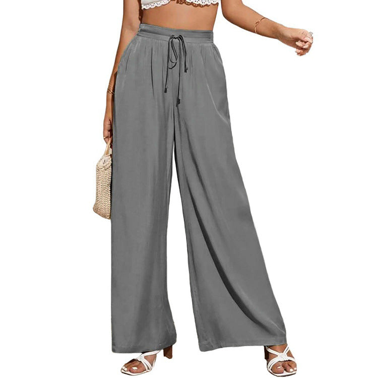 Summer Women High Waist Casual Trousers Solid Color Elastic Waist Lace-up Loose Wide-Leg Pants Women