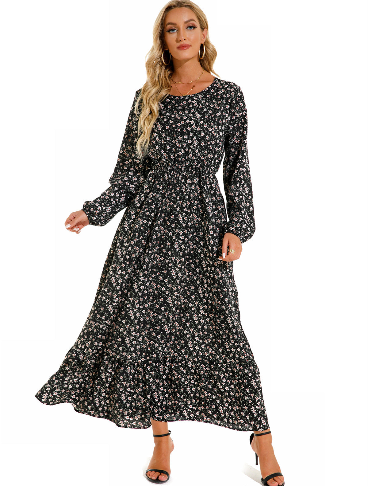 Spring and Autumn floral chiffon dress waist thin long sleeve round neck long printed skirt children